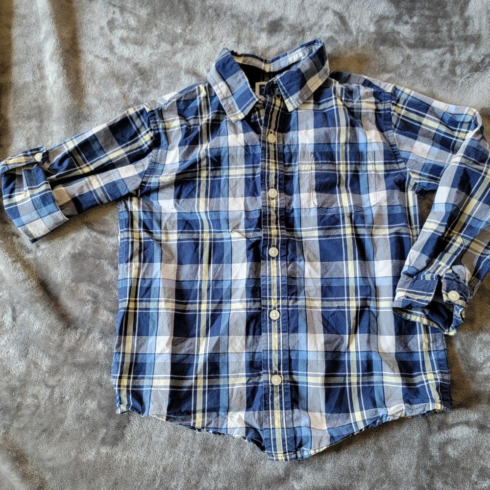 Janie and Jack Button Down Shirt Kids 4 Blue Plaid Excellent Roll Sleeve 711
